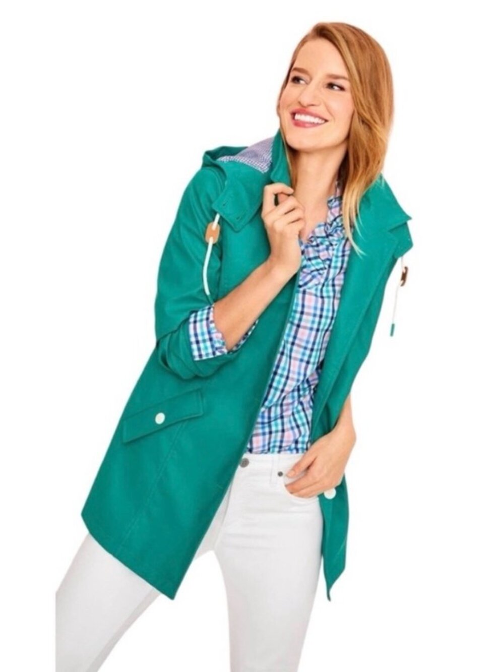 TALBOTS Classic Hooded Gingham Lined Rain Coat Size XL Teal Preppy Spring